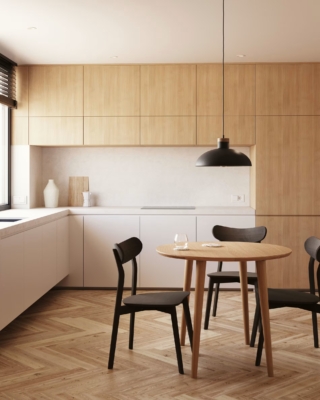 cucina minimal con tavolo rotondo in legno stile japandi di Kave-Home cucina minimal con tavolo rotondo in legno stile japandi di Kave-Home