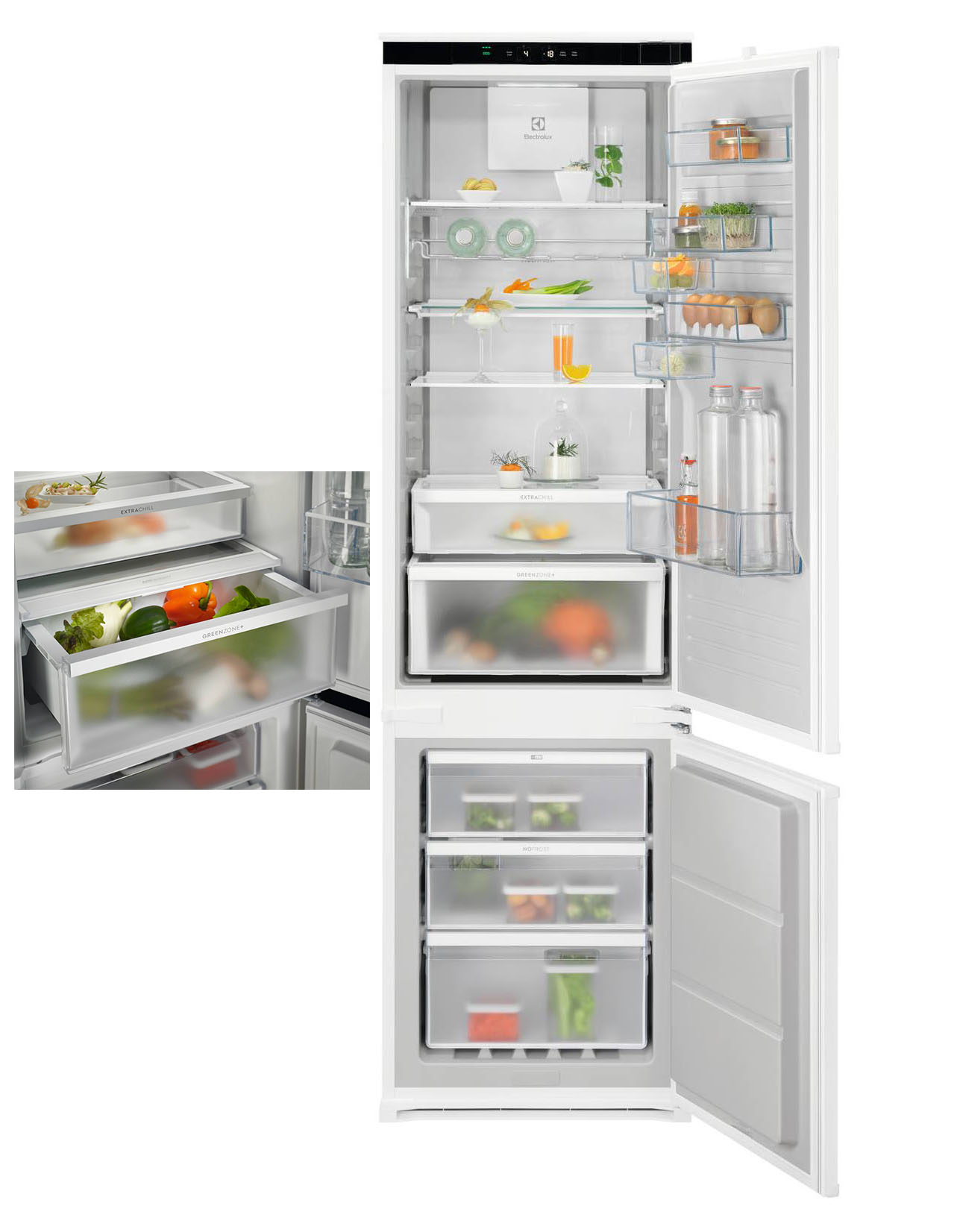 700 GreenZone+ ENP7MD19S di Electrolux
Tipologia: combinato a incasso
Classe di efficienza energetica: D
Consumo di energia: 172 kWh/anno
Capacità netta frigorifero: 207 litri
Capacità netta congelatore: 62 litri
Rumore emesso: 35 dB
Caratteristiche:  Il frigocongelatore ha i rivestimenti interni realizzati fino al 70% in plastica riciclata e cassetto GreenZone+ che conserva fino al 95% delle vitamine, mantenendo la freschezza di frutta e verdura anche dopo 11 giorni. La presenza del dispositivo Ecometer guida infine gli utenti verso le impostazioni più efficienti per ridurre il consumo di energia.
Misure: L 56 x P 55 x H 189 cm
Prezzo: 1.489,99 euro
Sito web azienda: www.electrolux.it