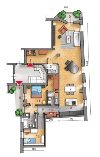 1 Ingresso  2 Guardaroba
3 Lavanderia  4 Soggiorno
5  Balcone  6  Pianoforte
7 Zona pranzo  8 Cucina
9 Disimpegno  10 Postazione studio  11 Camera matrimoniale  12 Cabina armadio 13 Camera  14 Bagno