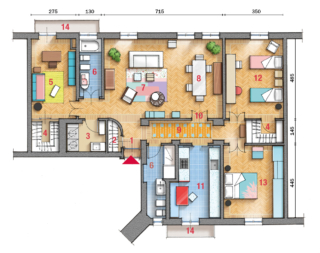 1 Ingresso
2 Guardaroba
3 Lavanderia
4 Cabina armadio
5 Studio/camera ospiti
6 Bagno
7 Soggiorno
8 Zona pranzo
9 Corridoio
10 Nuova porta sul living
11 Cucina
12 Camera bambini
13 Camera matrimoniale
14 Balcone