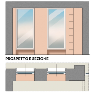 I due serramenti
su progetto, in alluminio, di C.F.A. (www.costruzioniferroalluminio.com) apportano una quantità di luce tale
da illuminare la camera
in tutta la sua profondità.