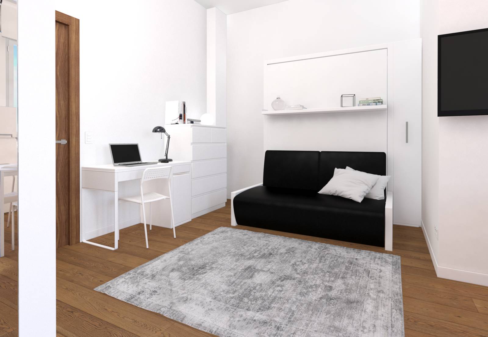 zona notte con letto a scomparsa e studio nel monolocale zona notte con letto a scomparsa e studio nel monolocale