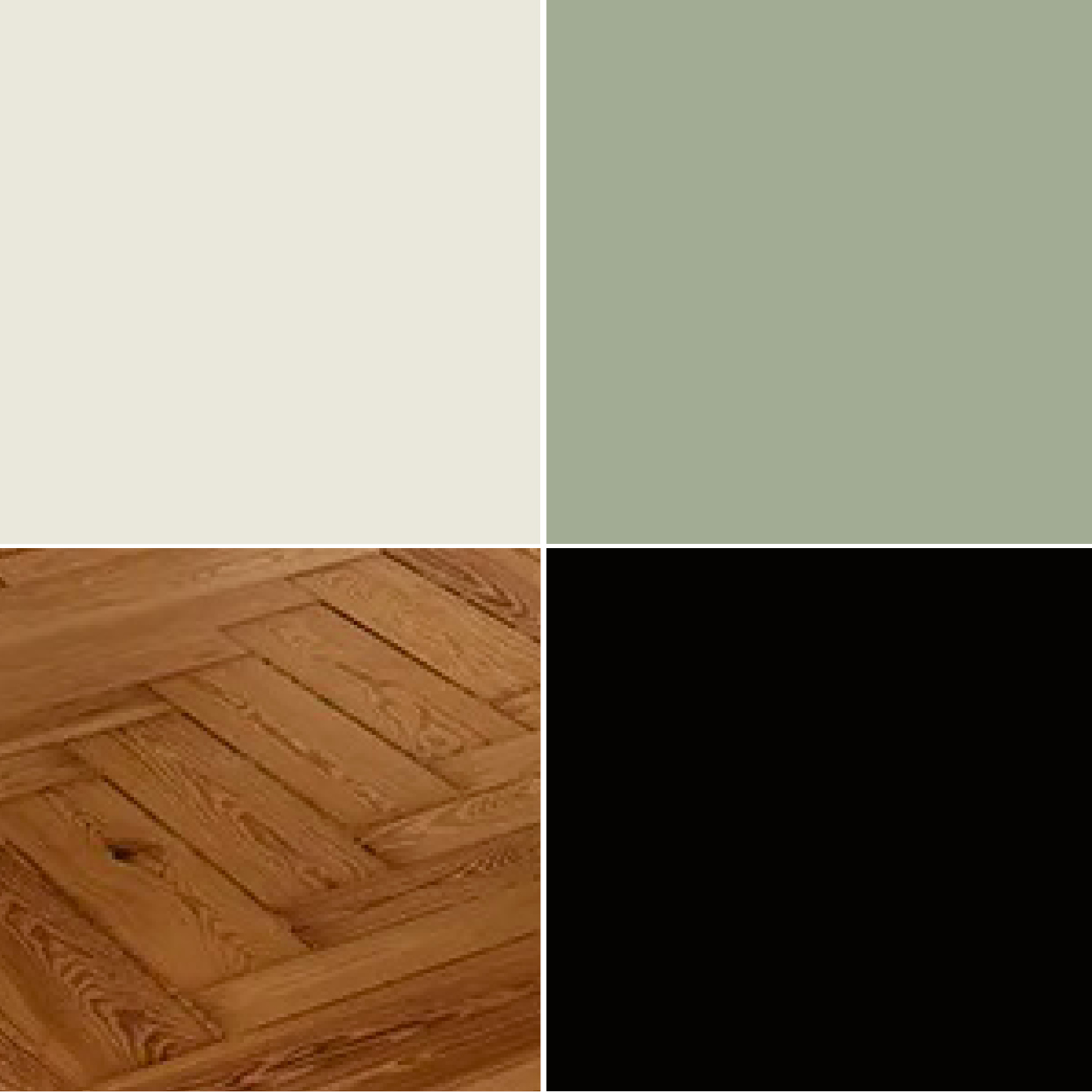 Abbinamento avorio con verde salvia chiaro e legno e nero
