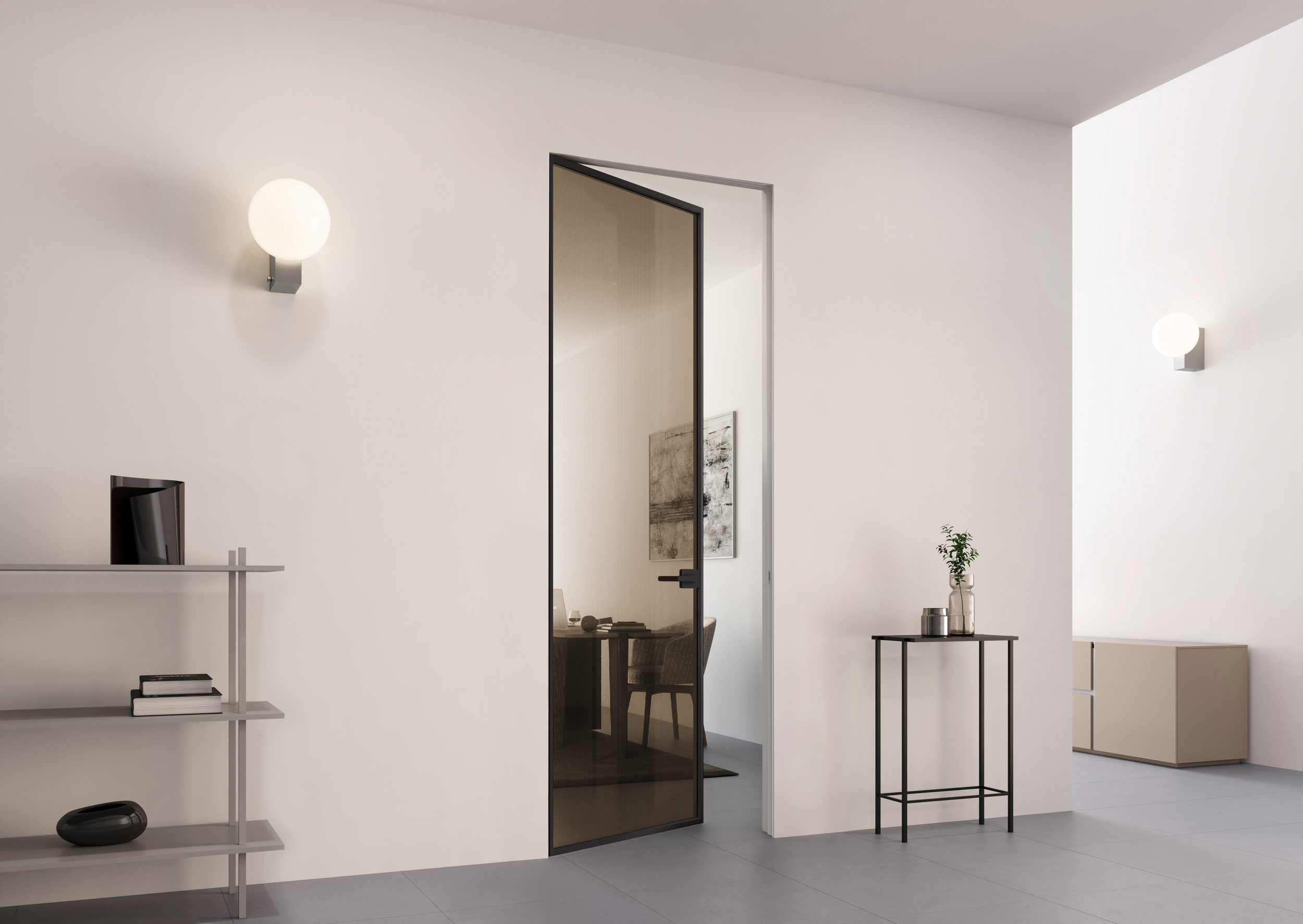 Nell’immagine porta a battente Frame Zero di FerreroLegno in Cristallo Chillout Trasparente Bronzo.