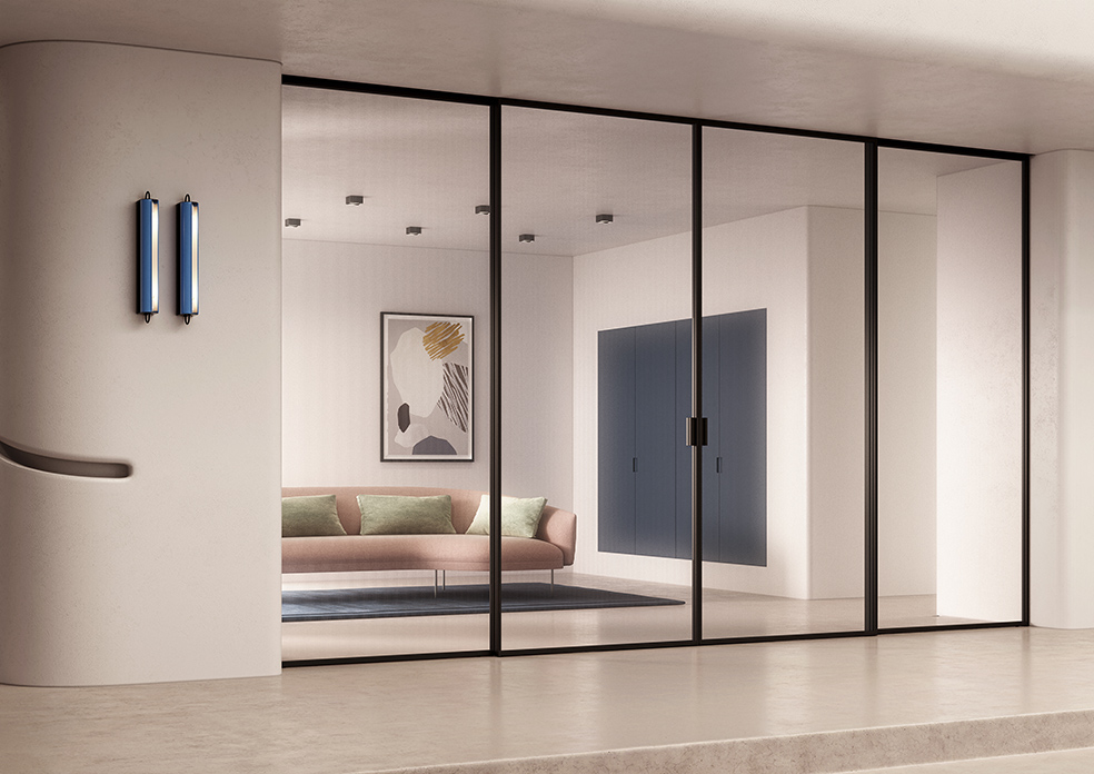 Il sistema di porte scorrevoli in vetro Delineo della collezione Scenario di FerreroLegno qui è proposto nella versione con quattro ante (due scorrevoli e due fisse), con profilo nero e il nuovo cristallo Chillout nella finitura satinato Extrachiaro, dal gusto piacevolmente rétrò. Dimensioni anta da cm 100 x 260 cm. Il sistema di porte scorrevoli in vetro Delineo della collezione Scenario di FerreroLegno qui è proposto nella versione con quattro ante (due scorrevoli e due fisse), con profilo nero e il nuovo cristallo Chillout nella finitura satinato Extrachiaro, dal gusto piacevolmente rétrò. Dimensioni anta da cm 100 x 260 cm.