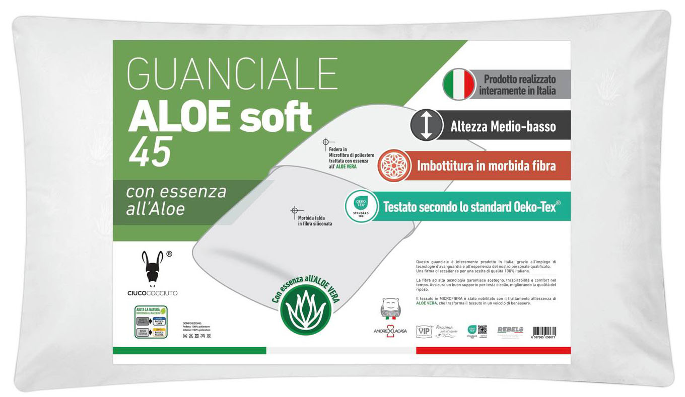 FRa i guanciali, Aloe Soft con trattamento all’Aloe Vera e certificazione Oeko-Tex, garantisce un riposo rigenerante e naturale. FRa i guanciali, Aloe Soft con trattamento all’Aloe Vera e certificazione Oeko-Tex, garantisce un riposo rigenerante e naturale.