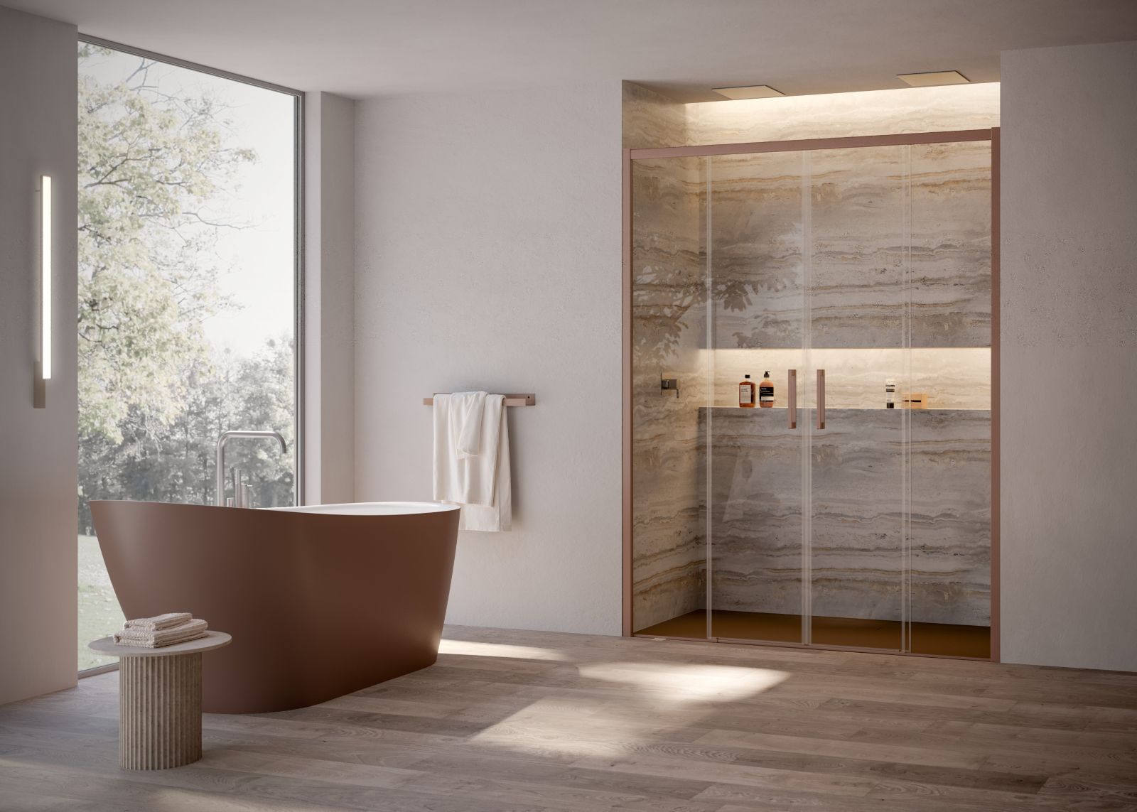 Il box doccia Alba della collezione Atelier di RCR Italia può essere configurato con due porte scorrevoli (come in foto), una porta scorrevole più parete fissa e una sola porta scorrevole. Ha maniglia a C squadrata pratica da impugnare. Svariate sono le finiture dei profili: argento, bianco e nero opaco, acciaio spazzolato, oro spazzolato, ora rosa spazzolato e rame spazzolato. Si possono scegliere i vetri, nello spessore di 6 o 8 mm, nella finitura trasparente od ombra. Misura L 155 x H 200 cm. Prezzo su richiesta. www.rcritalia.it Il box doccia Alba della collezione Atelier di RCR Italia può essere configurato con due porte scorrevoli (come in foto), una porta scorrevole più parete fissa e una sola porta scorrevole. Ha maniglia a C squadrata pratica da impugnare. Svariate sono le finiture dei profili: argento, bianco e nero opaco, acciaio spazzolato, oro spazzolato, ora rosa spazzolato e rame spazzolato. Si possono scegliere i vetri, nello spessore di 6 o 8 mm, nella finitura trasparente od ombra. Misura L 155 x H 200 cm. Prezzo su richiesta. www.rcritalia.it