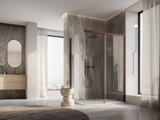La chiusura doccia Oriana di Ronal Bathrooms si compone di una porta scorrevole a due ante e una parete laterale a 90°. In vetro trasparente, è disponibile nelle finiture lucido, black line, oro spazzolato, metal bordeaux e metal champagne. Il modello in foto ha finitura metal bordeaux e misura L 140 x P 90 x H 200 cm. Prezzo su richiesta. www.ronalbathrooms.com La chiusura doccia Oriana di Ronal Bathrooms si compone di una porta scorrevole a due ante e una parete laterale a 90°. In vetro trasparente, è disponibile nelle finiture lucido, black line, oro spazzolato, metal bordeaux e metal champagne. Il modello in foto ha finitura metal bordeaux e misura L 140 x P 90 x H 200 cm. Prezzo su richiesta. www.ronalbathrooms.com