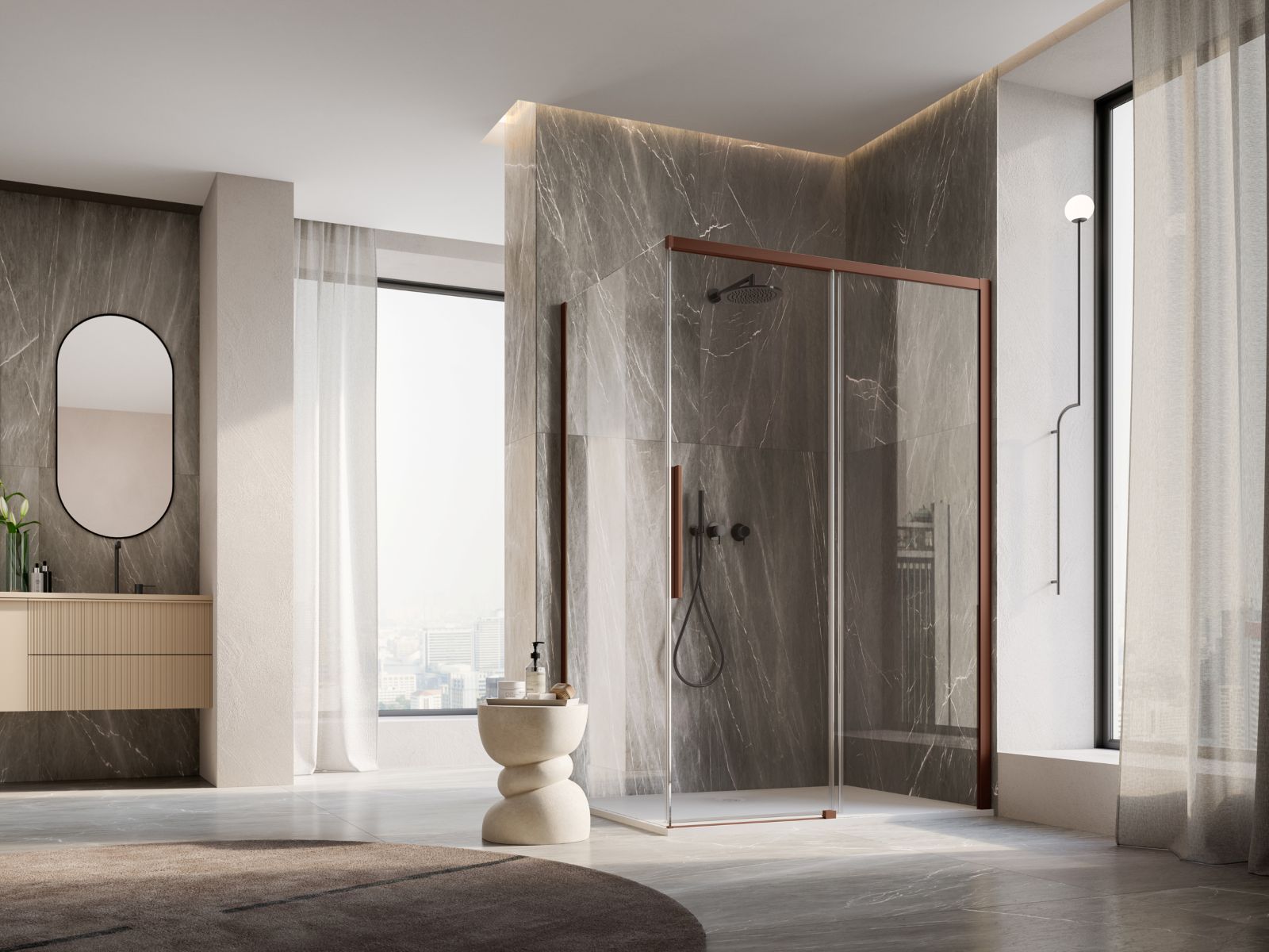 La chiusura doccia Oriana di Ronal Bathrooms si compone di una porta scorrevole a due ante e una parete laterale a 90°. In vetro trasparente, è disponibile nelle finiture lucido, black line, oro spazzolato, metal bordeaux e metal champagne. Il modello in foto ha finitura metal bordeaux e misura L 140 x P 90 x H 200 cm. Prezzo su richiesta. www.ronalbathrooms.com La chiusura doccia Oriana di Ronal Bathrooms si compone di una porta scorrevole a due ante e una parete laterale a 90°. In vetro trasparente, è disponibile nelle finiture lucido, black line, oro spazzolato, metal bordeaux e metal champagne. Il modello in foto ha finitura metal bordeaux e misura L 140 x P 90 x H 200 cm. Prezzo su richiesta. www.ronalbathrooms.com
