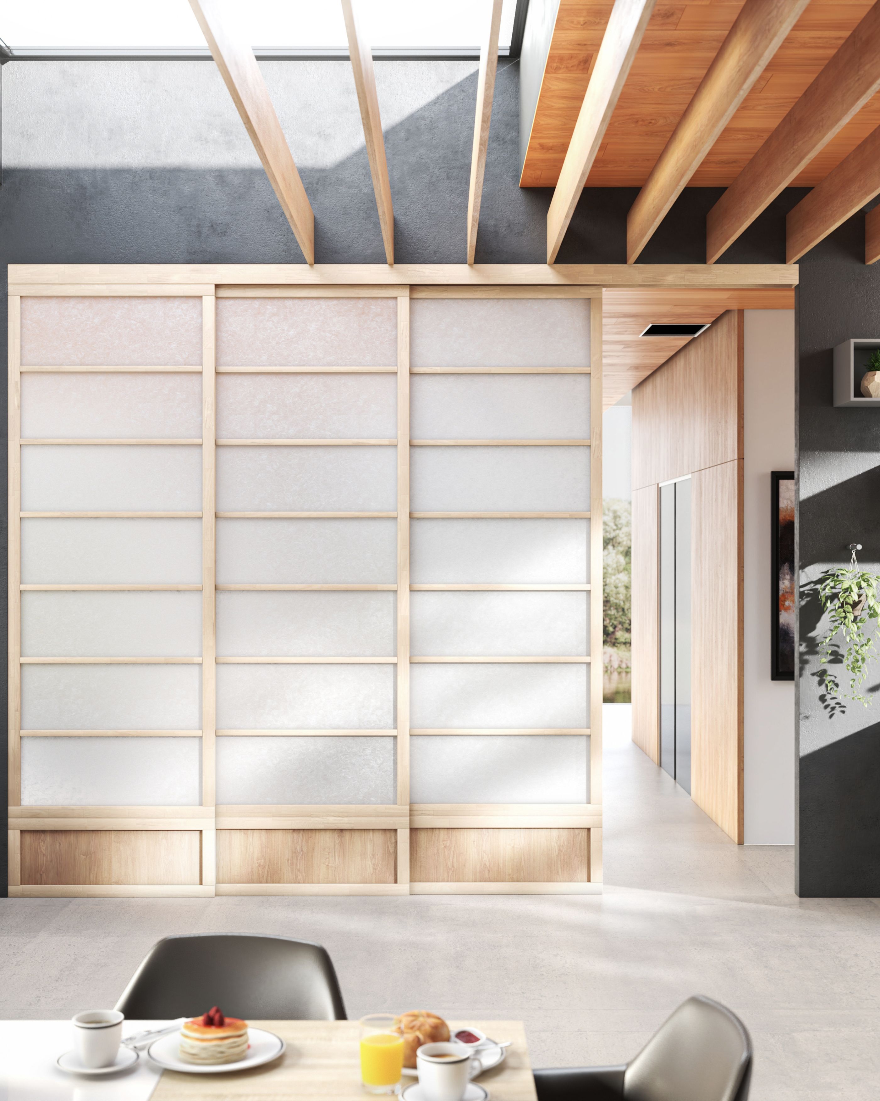 Cinius Pareti Scorrevoli con Ante Shoji aperte per tre quarti