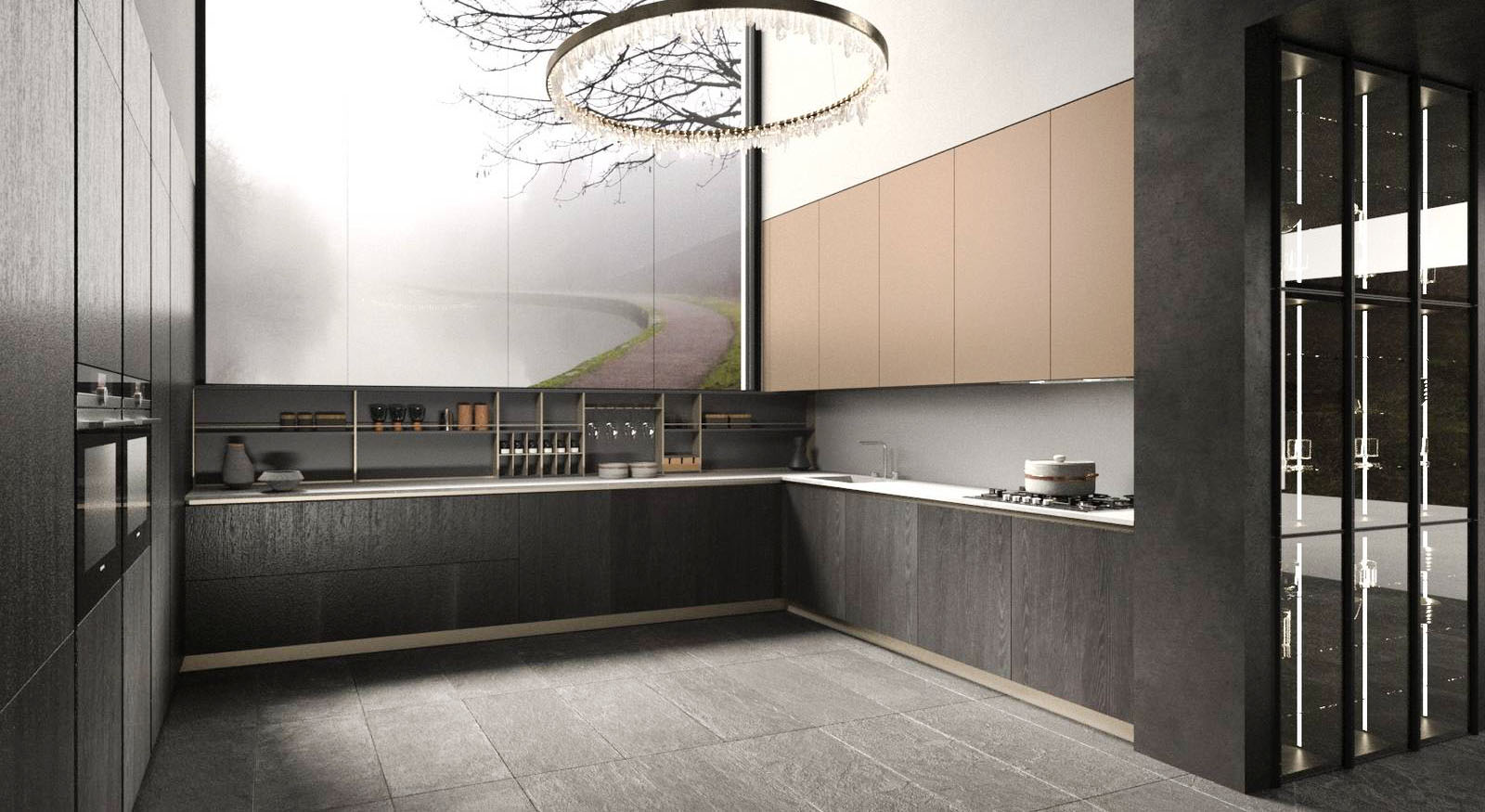 Nella nuova configurazione, progettata da Ulisse Narcisi, la composizione LAB13 di ARAN Cucine è funzionale e accogliente grazie alla sua forma a golfo. Le ante in rovere planked black e metallo liquido bronzo sono abbinate allo schienale in Fenix Grigio Bromo attrezzato  pensili Bright dotati di illuminazione LED.Un modulo base da 60 cm, prezzo a partire da 605 euro + IVA. https://www.arancucine.it