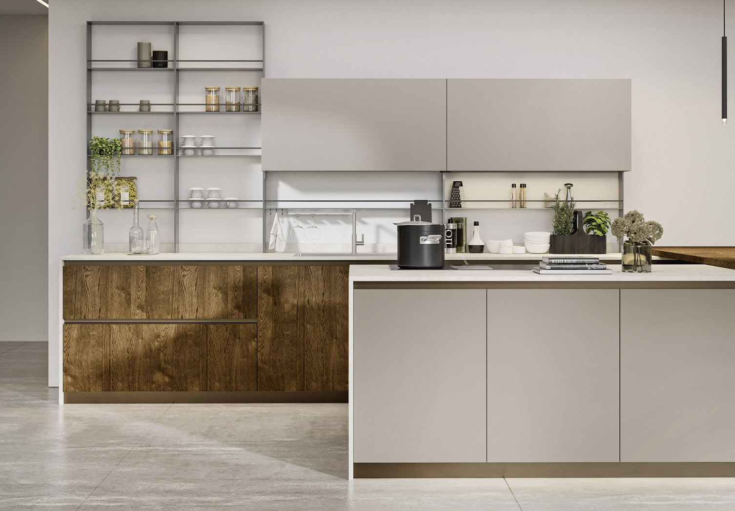 Loft 2.2 di Arrex Le Cucine è composta un'isola con le ante delle basi realizzate nella finitura Soft Beige e da una serie di elementi con ante in Wood Rovere Pepe. Lo schienale tra il top e i due pensili orizzontali è attrezzato con una serie di mensole in metallo che continuano anche sulla boiserie laterale e permettono di esporre in bella vista accessori e stoviglie. Un modulo base da 60 cm, prezzo a partire da 250 euro + IVA. https://www.arrex.it