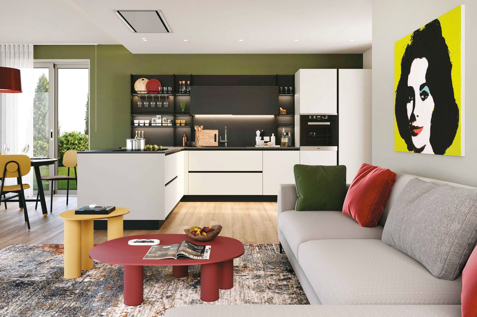 Effetto optical per il modello con penisola Pratica 2510 di La Casa Moderna che abbina alle ante delle basi in nobilitato bianco la boiserie attrezzata Vertigo nera. Il piano di lavoro è realizzato in laminato nero come lo schienale. Un modulo base da 60 cm con anta, apertura con gola, zoccolo e top in laminato, prezzo a partire da 270 euro. https://lacasamoderna.com