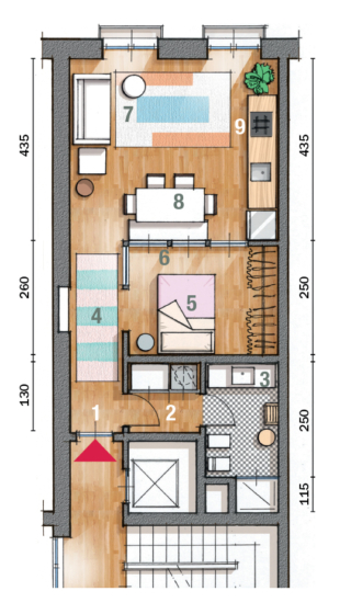 1 Ingresso
2 Antibagno/ lavanderia
3 Bagno
4 Corridoio
5  Zona notte
6  Vetrata
7 Soggiorno
8 Zona pranzo
9 Angolo cottura