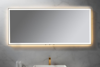 Lo specchio Neoro n50 Metal Touch distribuito da Reuter ha illuminazione su tutto il perimetro. È dotato di interruttore a pulsante, in basso al centro, per accensione/spegnimento e dimmerazione. L’illuminazione è dimmerabile in modo continuo. Misura L 160 x H 70 cm. Prezzo 892,59€ euro. www.reuter.com