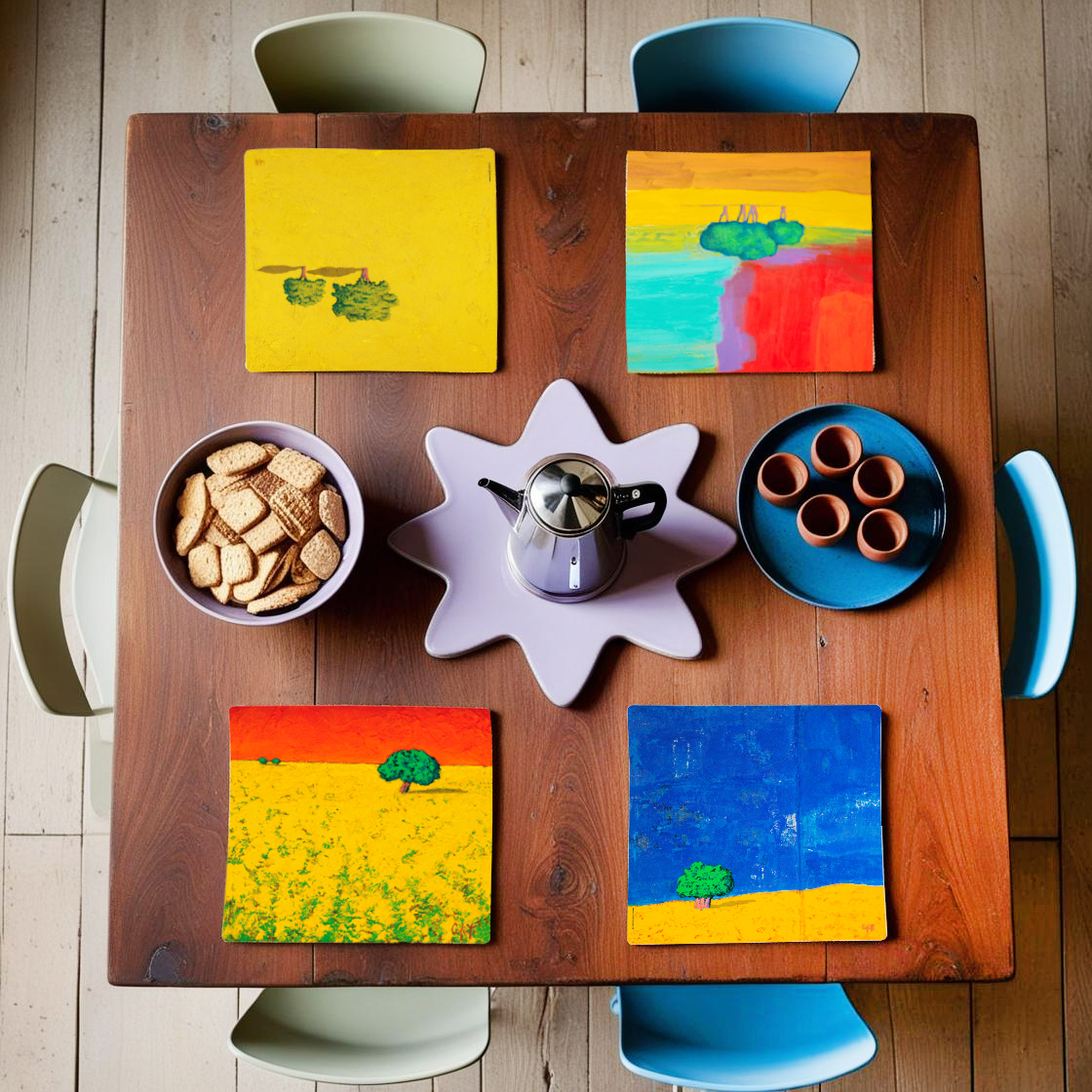 Sono decorate da paesaggi coloratissimi le tovagliette squadrate Americana di Creativando, stampate in digitale su uno speciale PET completamente privo di PVC. La forma compatta consente di apparecchiare più coperchi nello stesso spazio. Misurano L 34 x P 32 cm, Prezzo 17 euro (per il set da 2 pezzi). https://creativando.it