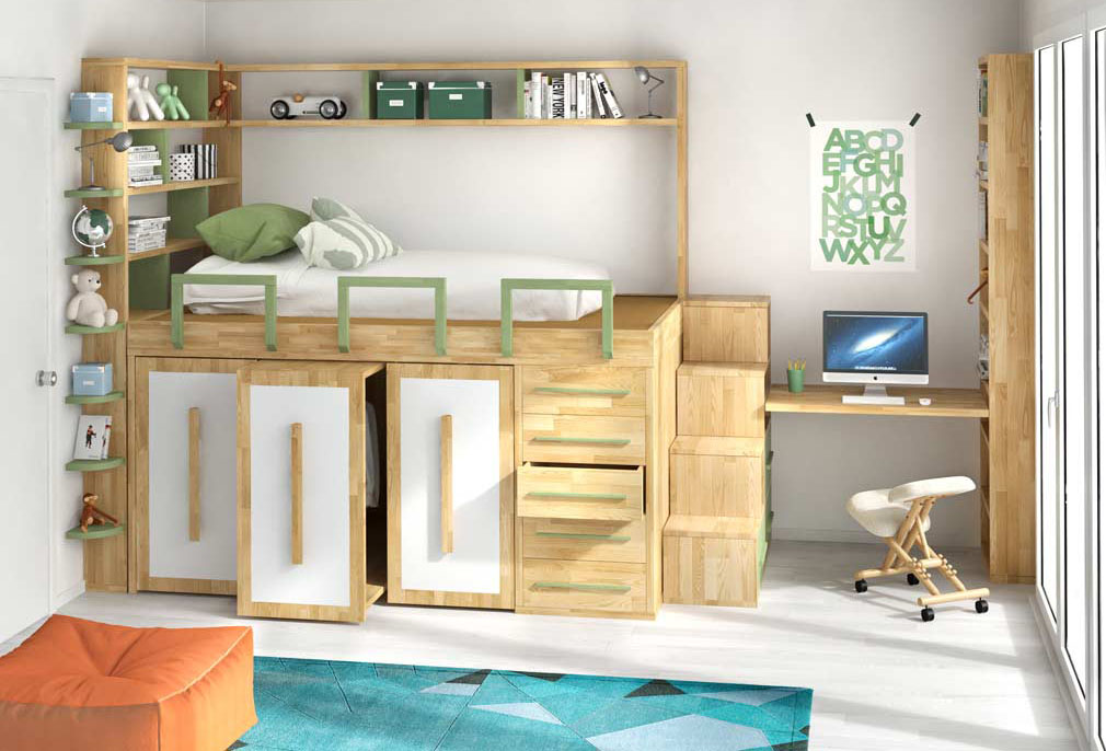 Cinius Spaziobed con scrivania inserti verde Cinius Spaziobed con scrivania inserti verde