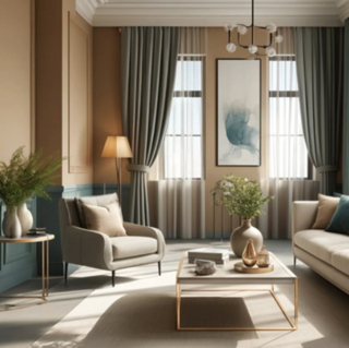 In questo soggiorno la tonalità cammello è stata scelta per la parte alta delle pareti: si tratta della vernice Peaninsula di San Marco.