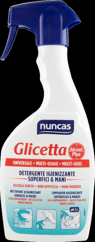 Glicetta Alcool Plus Igienizzante di Nuncas è un prodotto multiuso quotidiano ideale per l'igiene di tutte le superfici lavabili della casa e per pulire tutto ciò che è più esposto a germi e batteri, come i bidoni della spazzatura. Asciuga rapidamente, non lascia aloni e non lascia residui appiccicosi. Prezzo 9,85 euro. https://nuncas.com/