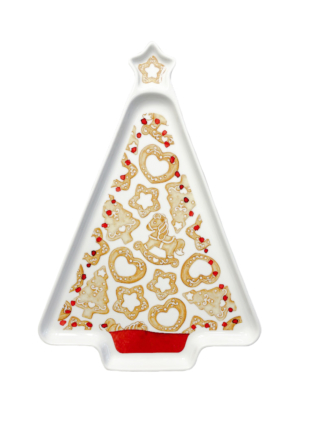 Il piatto in porcellana a forma di albero di Natale è ideale per servire antipasti, biscotti o piccoli dolci. Raffinato e delicato, questo pezzo artigianale dona alla tavola festiva un tocco di tradizione. Prezzo 26,90 euro.
