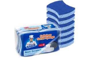 La spugna in cellulosa antigraffio Mr. Siga è composta da due strati: lo strato lavante blu reale e quello azzurro in cellulosa antigraffio. Il lato abrasivo è sicuro per per l'uso su pentole antiaderenti, mentre la spugna di cellulosa non abrasiva elimina lo sporco. Si può usare per la pulizia di piatti, pentole e padelle, ma anche per lavelli, fornelli e per mantenere la cucina e il bagno puliti. Prezzo 16,99 euro per la confezione da 12 pezzi. www.amazon.it