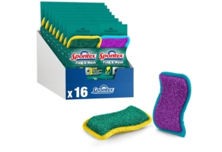 Spontex Flex & Wash sono spugne lavabili in lavatrice e in lavastoviglie fino a 52 volte. Hanno una forma ergonomica a S che le rende facili da impugnare per pulire anche le zone più difficili da raggiungere. Il lato abrasivo antigraffio pulisce senza graffiare, mentre il lato in microfibra è composto al 100% in fibre riciclate. Prezzo 24,19 euro per la confezione da 16 pezzi. www.amazon.it