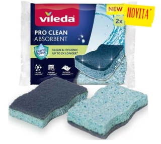 La spugna ProClean Viscosa di Vileda è studiata per affrontare anche lo sporco ostinato: si tratta infatti di una spugna abrasiva dall'alta assorbenza, che offre una pulizia potente ed efficiente. Questa spugna rimane igienica per almeno due mesi, supportata da enzimi attivi che scompongono i residui di grasso e sporco. Prezzo 1,89 euro. www.vileda.it