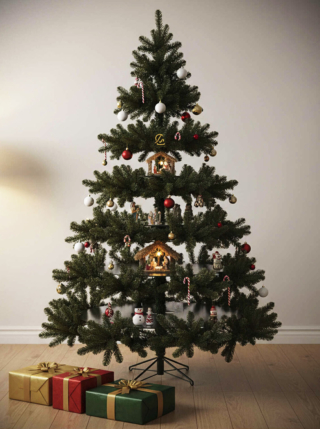 Insolito e originale l'abete verde Black Box Trees Presentation in vendita su Holyart: è dotato di cinque ripiani integrati tra i rami che permettono di posizionare il presepe e altre decorazioni natalizie. È realizzato in PVC ed è dotato di ben 591 punte. Misura Ø 160 x H 230 cm. Prezzo 790 euro. https://www.holyart.it