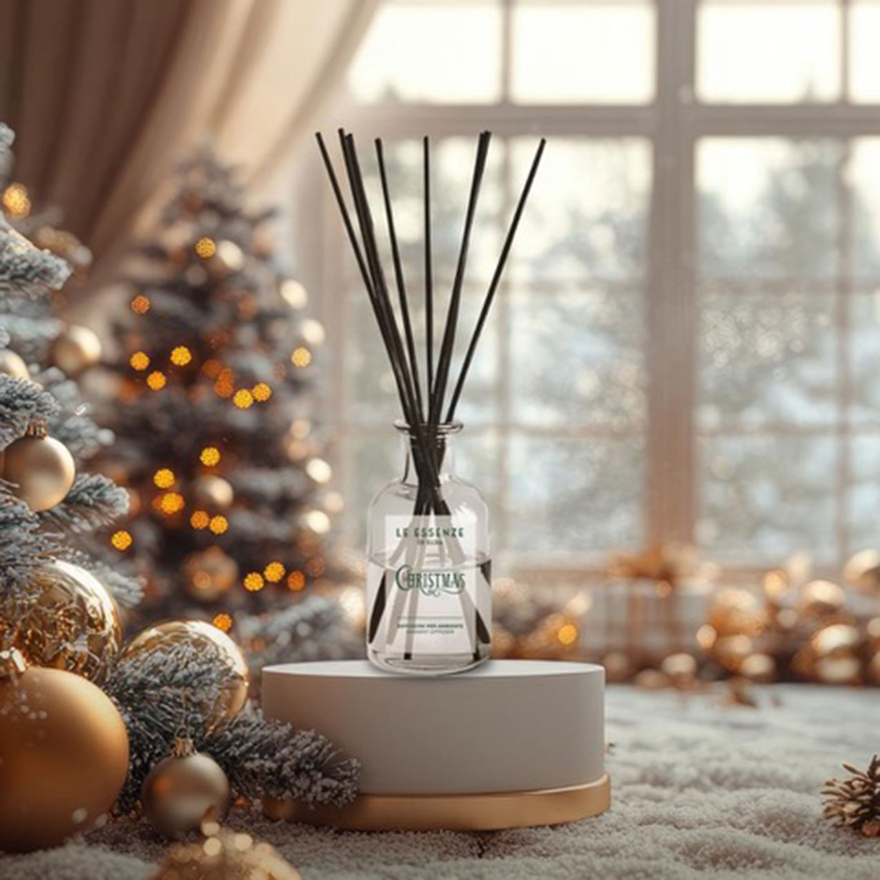 Il diffusore stick Christmas di Essenze di Elda diffonde nell'aria un profumo caratterizzato da note dolci e vellutate, perfette per le giornate di festa: contiene cocco, vaniglia, frangipane e fiori bianchi. È composto da una raffinata bottiglia in vetro trasparente e da una serie di bastoncini neri.   Prezzo 23 euro (per il formato da 250 ml). https://www.bucatoprofumato.com