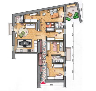 1 Ingresso
2 Corridoio
3 Camera/Sala Giochi
4 Libreria in nicchia
5  Bagno
6  Cameretta
7 Cucina
8 Zona pranzo
9 Soggiorno
10 Studio
11 Locale lavanderia
12 Cabina armadio
13 Camera matrimoniale
14 Loggia