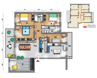 1. Ingresso
2. Blocco Blu
3. Cucina
4. Salotto
5. Zona Pranzo
6. Pilastro
7. Sistema a parete
8. Camera 		          matrimoniale
9. Camera
10. Corridoio
11. Bagno
12. Bagno padronale
13. Bagno ospiti
14. Camera ospiti
15. Balcone