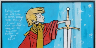 Emanuele Sari, Feels like home, 2025 Glass, Venetian enamels, gold leaf, self-levelling resin 68 x 68 cm., courtesy of Cris Contini Contemporary