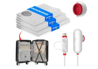 Il set di sacchetti sottovuoto per vestiti con pompa usb comprende sei sacchetti di diverse dimensioni e una pompa Usb. Le diverse dimensioni permettono di ottimizzare lo spazio in valigia e di suddividere al meglio i vestiti, risparmiando fino all'80% dello spazio. Prezzo 20,36 euro. www.amazon.it Il set di sacchetti sottovuoto per vestiti con pompa usb comprende sei sacchetti di diverse dimensioni e una pompa Usb. Le diverse dimensioni permettono di ottimizzare lo spazio in valigia e di suddividere al meglio i vestiti, risparmiando fino all'80% dello spazio. Prezzo 20,36 euro. www.amazon.it