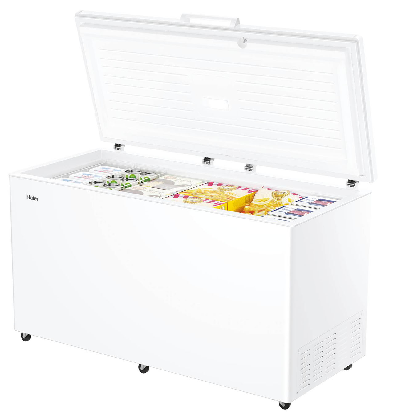 In classe energetica D, il congelatore a pozzo HCE520D di Haier ha una capacità netta totale di 508 litri. Regolabile tramite display elettronico, ha 3 cestelli in metallo per la sistemazione degli alimenti e ha funzione di congelamento rapido. Ha una capacità di conservazione in caso di blackout fino a 25 ore. Misura L 154,5 x P 75 x H 89 cm. Prezzo 1.299 euro. www.haier-europe.com