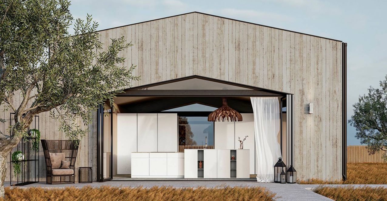 Ha le basi e le colonne con le ante Gea nella finitura PET calce la composizione bianca di Arrex Le Cucine che “nasconde” elettrodomestici e accessori integrati dietro le ante lisce che danno vita ad una superficie neutra e continua. Il piano di lavoro è realizzato in  Gres Abu Dhabi White Silk. Un modulo base da 60 cm, prezzo 215 euro. https://www.arrex.it