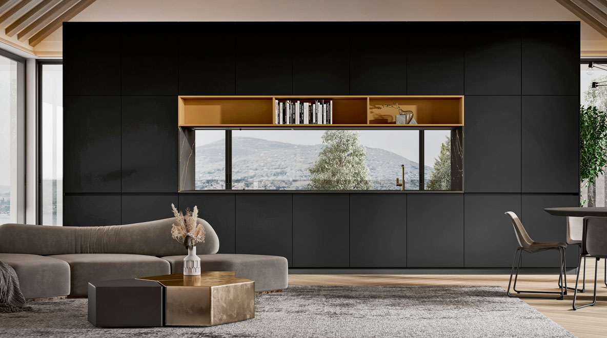 Scenografica e suggestiva la composizione con le ante Gea nella finitura Pet Vulcano di Arrex Le Cucine che è dotata di un portale passante dà vita ad un ambiente conviviale. Il piano di lavoro è realizzato in HPL stratificato Ambassador, nero con venature oro in rilievo, percepibili al tatto. Un modulo base da 60 cm, prezzo 215 euro + Iva. https://www.arrex.it