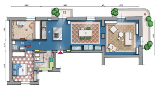 1 Ingresso  2 Cucina  3 Zona pranzo
4 Soggiorno  5 Postazione studio
6  Balconata angolare  7 Disimpegno
8 Bagno  9 Camera matrimoniale
10 Lavanderia con soppalco sopra
11 Studio/camera degli ospiti  12 Balcone