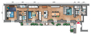 1 Ingresso  2 Antibagno  3 Lavanderia 4 Bagno  5 Soggiorno  6 Zona pranzo 7 Isola  8 Cucina  9 Disimpegno 10 Studio  11 Cabina armadio 12 Camera matrimoniale
13 Balconata