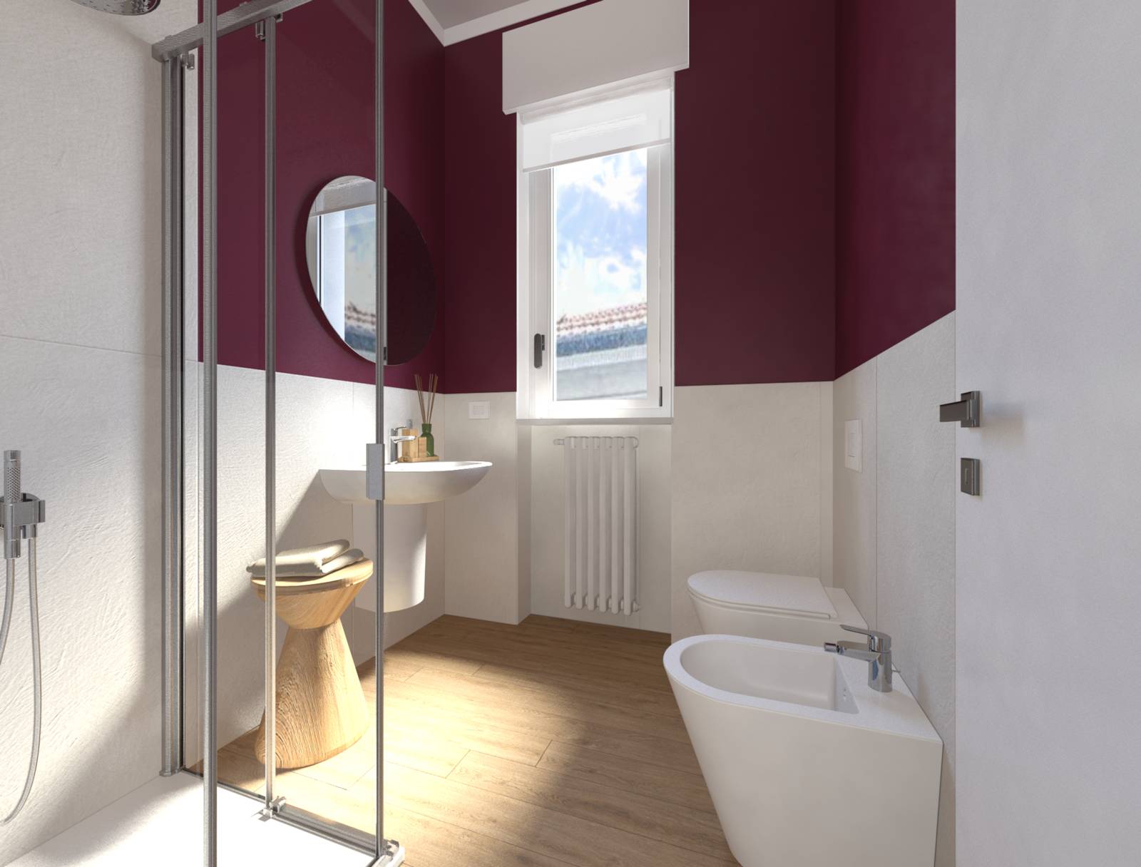 render bagno dopo i lavori piastrelle bianche e pittura burgundy