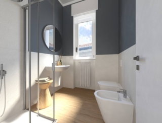 render bagno dopo i lavori piastrelle bianche e pittura grigia