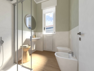 render bagno dopo i lavori piastrelle bianche e pittura verde salvia