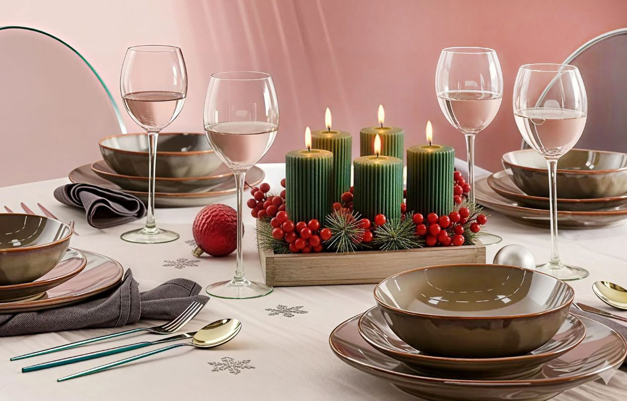 Delicate sfumature pastello per la raffinata tavola di Natale apparecchiata con le stoviglie di Beliani. Il servizio di piatti per quattro persone Thyme è prodotto artigianalmente in gres porcellanato verde scuro e marrone che lo rende resistente e pratico. Prezzo 239 euro (per il set da 16 pezzi). I bicchieri Diopside sono prodotti in vetro soffiato a mano nelle delicate tonalità verde chiaro e rosa pastello; sono lavabili in lavastoviglie. Il calice da vino misura Ø 8 x H 23 cm, prezzo 59 euro (per il set da 4 pezzi). Come centrotavola è stata posizionata una cassettina con candele verdi e rametti di pino e bacche rosse. https://www.beliani.it