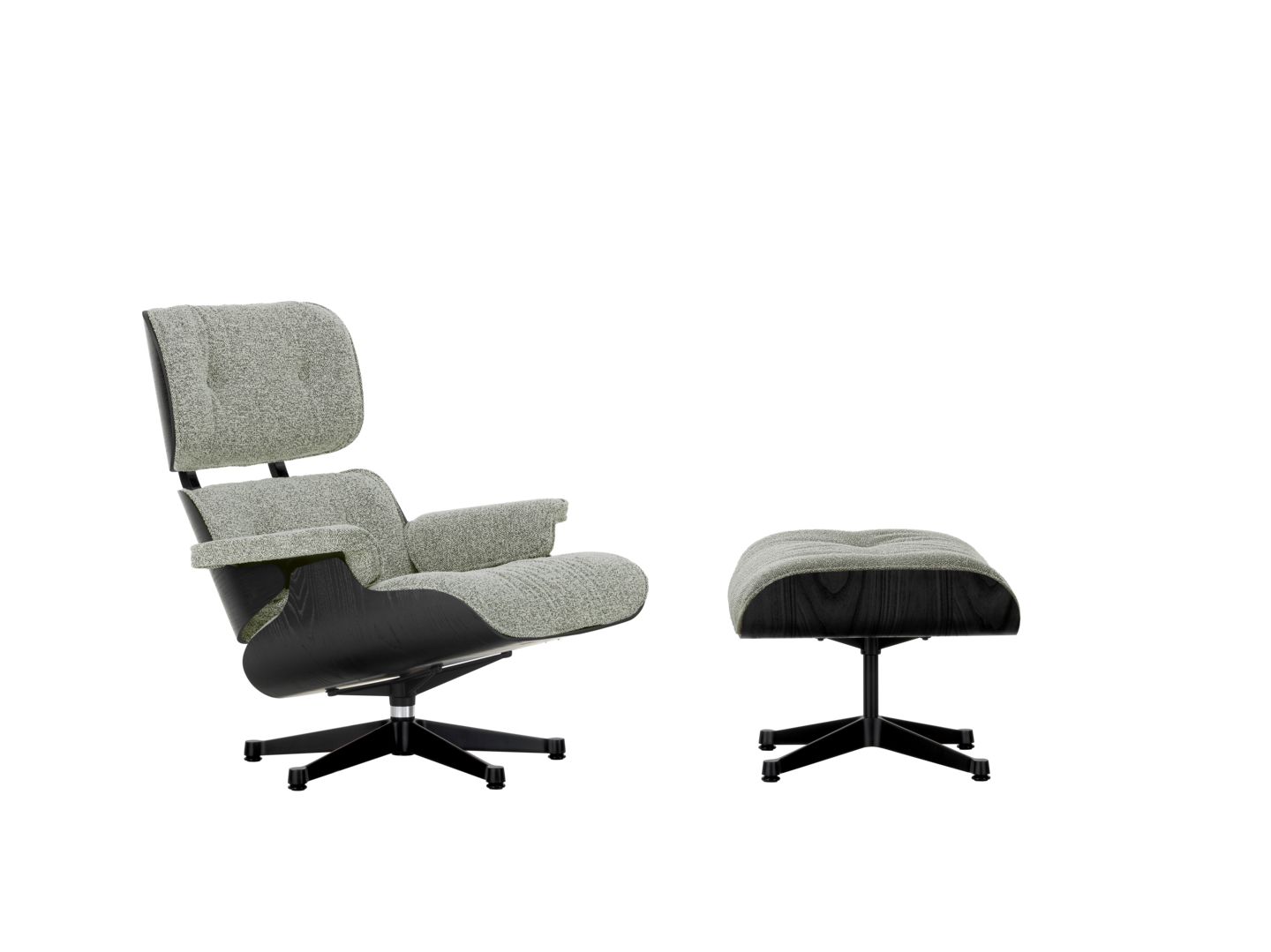 poltrona Eames Lounge Chair, scocca impiallacciata castagno, tessuto sale e pepe, basamento metallo verniciato