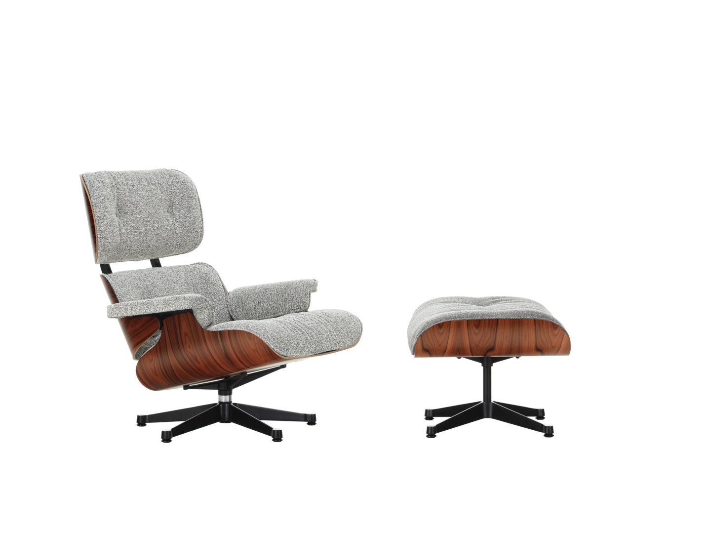 poltrona Eames Lounge Chair, scocca impiallacciata palissandro, tessuto sale e pepe, basamento metallo verniciatod