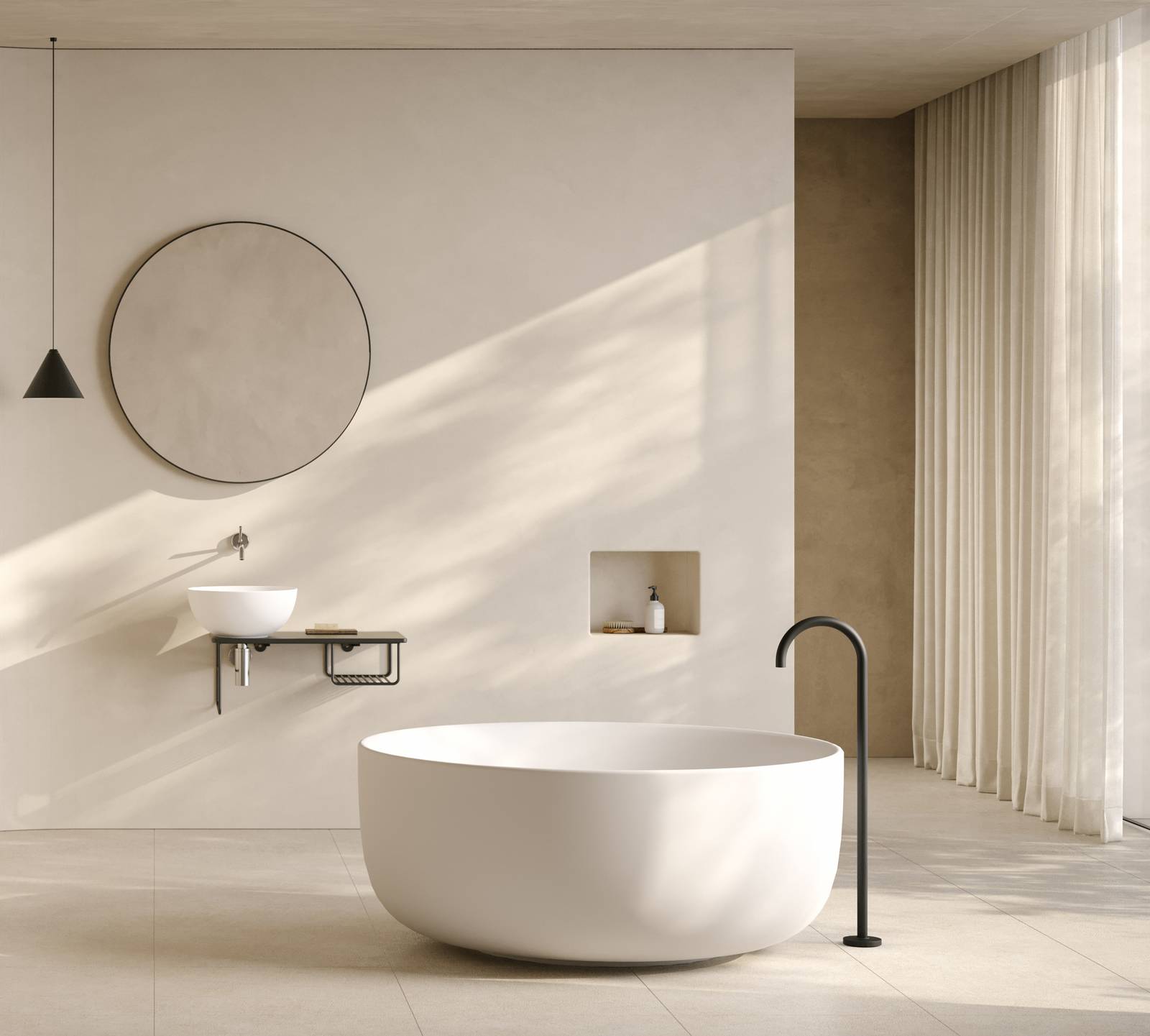 Vasca tonda in Livingtec® ø127 h53 cm Installazione free-standing.
Kit di scarico e piletta con troppopieno integrato cod. KOIBRSC incluso.