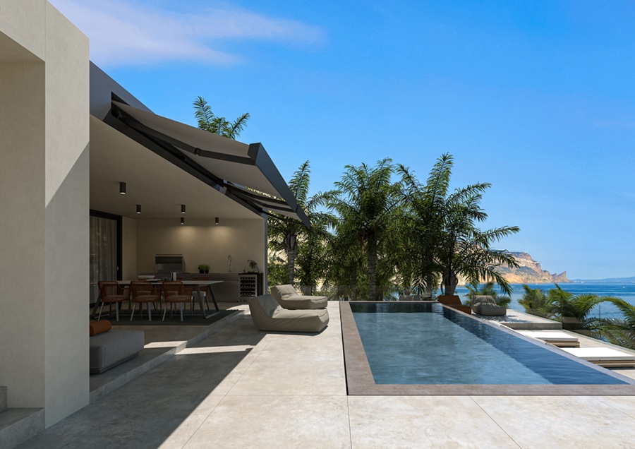 Inca di KE è la tenda da sole da esterno a bracci totalmente a incasso, che scompare nella facciata lasciando a vista, quando è chiusa, solo il profilo terminale. Progettata per essere integrata fin dalle prime fasi di costruzione, diventa un vero e proprio elemento architettonico. Ha un sistema di scivolo con scolo dell'acqua integrato. Può raggiungere una lunghezza di 600 cm e sporgenza fino a 360 cm. Si possono aggiungere luci a led che usufruire dello spazio esterno anche quando è buio. Diversi i tessuti. www.keoutdoordesign.com