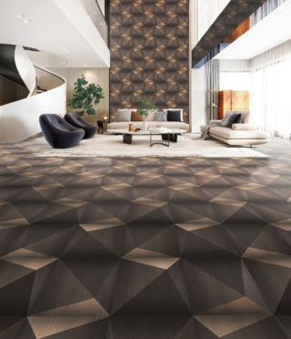 Le quadrotte Kaleidostone collezione I-Wood di Berti hanno il disegno realizzato con stampa digitale a base acqua, che non copre le venature dello strato superiore di rovere. A 3 strati (misure 60 x 60 cm, sp. 10,2 mm), in collaborazione con Diesel. Prezzo su richiesta. www.berti.net