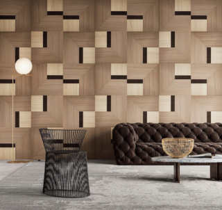 La boiserie multistrato
a quadri Factum di Listone Giordano, in diverse declinazioni di rovere, anche monocromatiche, può essere posata secondo diversi schemi geometrici (misure 60 x 60 cm, spessore 13 mm), anche a pavimento. Prezzo su richiesta. www.listonegiordano.com