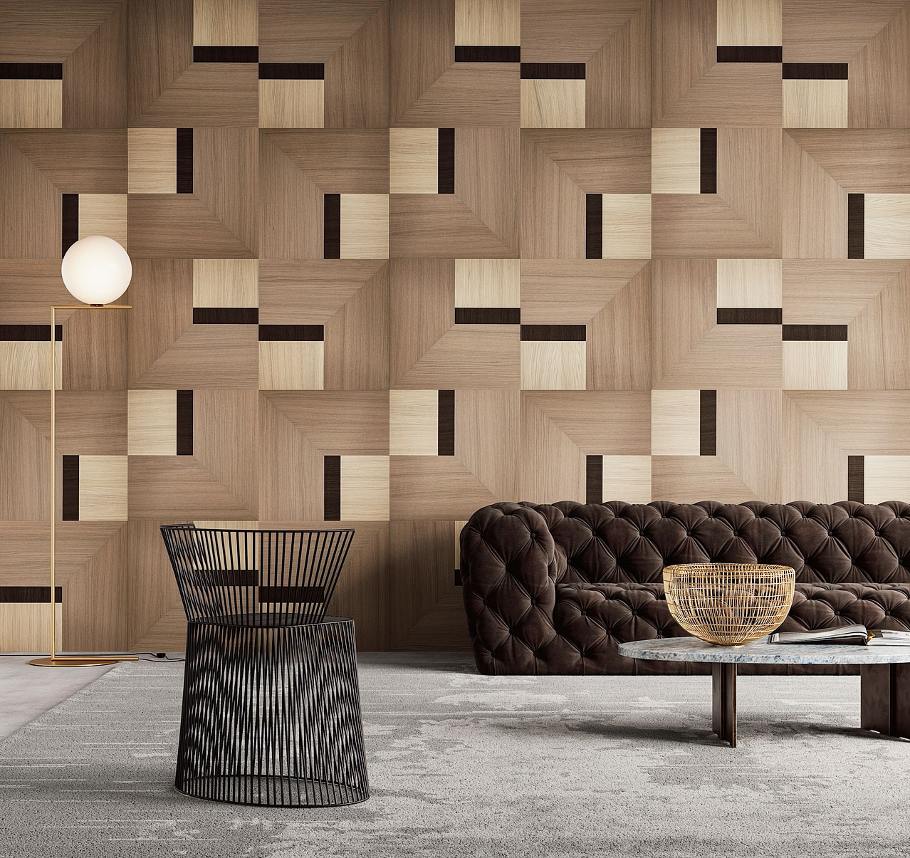 La boiserie multistrato
a quadri Factum di Listone Giordano, in diverse declinazioni di rovere, anche monocromatiche, può essere posata secondo diversi schemi geometrici (misure 60 x 60 cm, spessore 13 mm), anche a pavimento. Prezzo su richiesta. www.listonegiordano.com