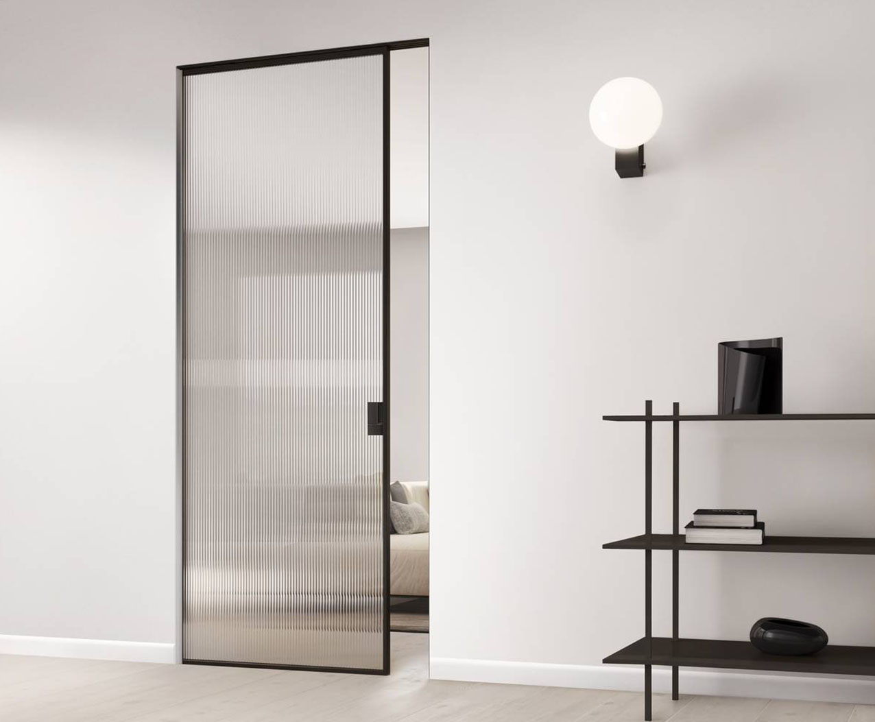 E’ realizzata in vetro trasparente Flutes la porta scorrevole Cristal Frame di Ferrerolegno, un modello a scomparsa che permette di far sparire completamente la porta all’interno del muro con un’elegante soluzione salvaspazio con un impatto visivo minimo e di totale pulizia con la parete in cui è inserita. Nella misura L 80 x H 210 cm il prezzo è 1.564 euro + Iva. www.ferrerolegno.com